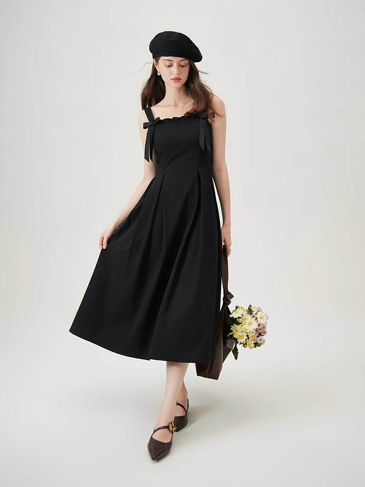 FSLE Sleeveless Black Long Summer Dress Bow Decoration Temperament A-LINE Polyester Dress Office Lady Long Dresses 24FS12891