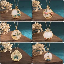 Ethnic Jade Choker Necklace for Women Gold Color Traditional Chinese Luxury Wedding Jewelry Hand Made Flower Pendant Chain Gifts