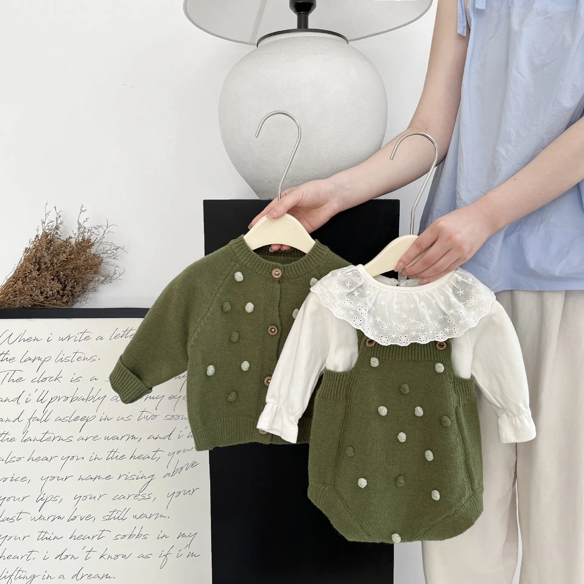 Baby Girl Knitted Suit Pom‑pom Sweater Cardigan + Suspender Romper Bodysuit Spring Autumn Newborn Infant Clothing Set 0‑18M