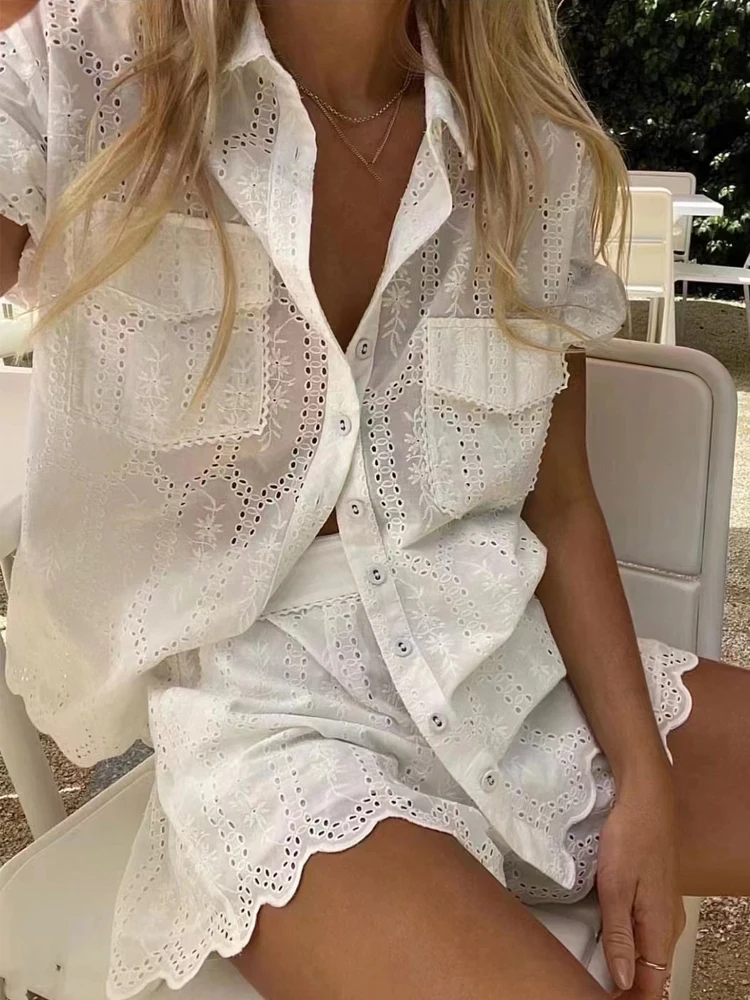 SEQINYY Casual Suit Summer Spring New Fashion Design Women Runway Shirt Pockets + Shorts Hollow Out Holiday High Street