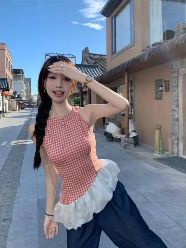 Retro Plaid Sleeveless T-Shirt Women Summer Slim Fit Mesh Splice Top Korean Style Button Detail Youthful Pattern College Style