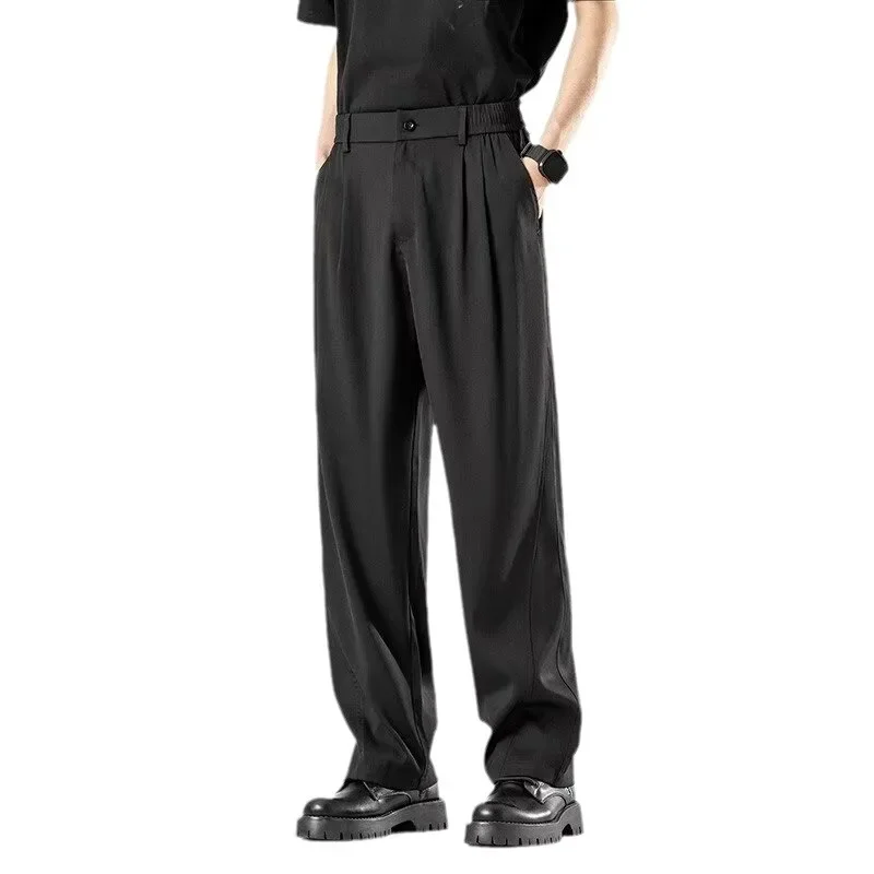 الصيف الرجال أنيقة البدلة الاجتماعية السراويل البريطانية الصلبة مستقيم واسعة الساق الأعمال بناطيل كاجوال موضة Y2k اليابانية الشارع الشهير