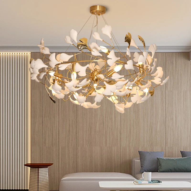 Luxury Ceramic Ginkgo Leaf Chandelier Gold Branches Chandelier For Living Room Bedroom Hotel Decor Led Tree Leaves Hanging Lamp