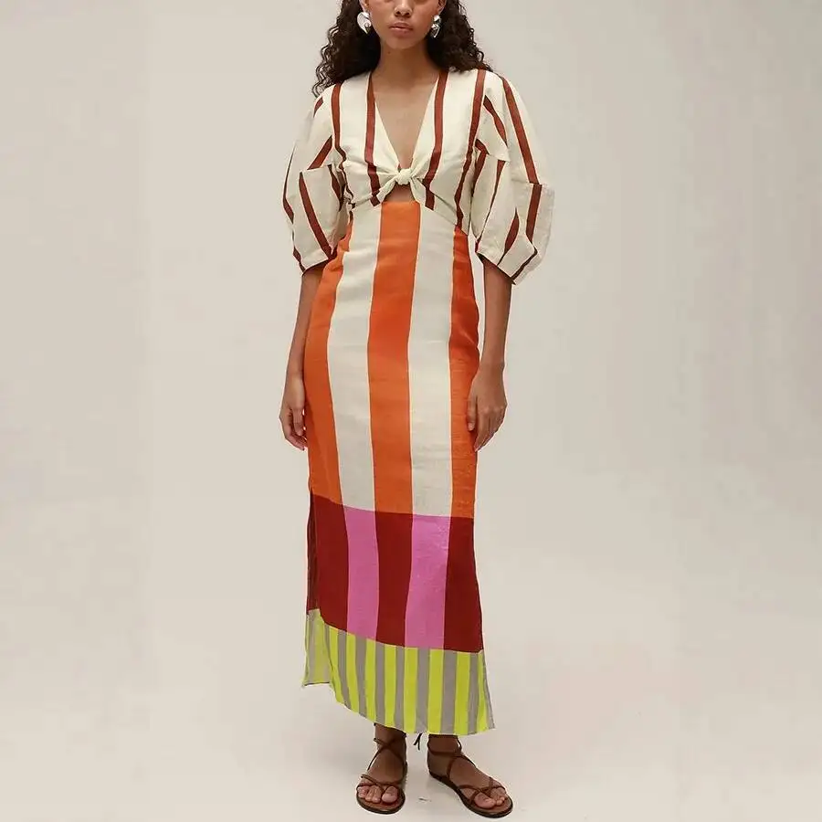 

Women Fashion Linen Material Fashion Chic Print Long Party Dresses Sexy V-neck Hollow Out High Waist Party Dress Lady Robes