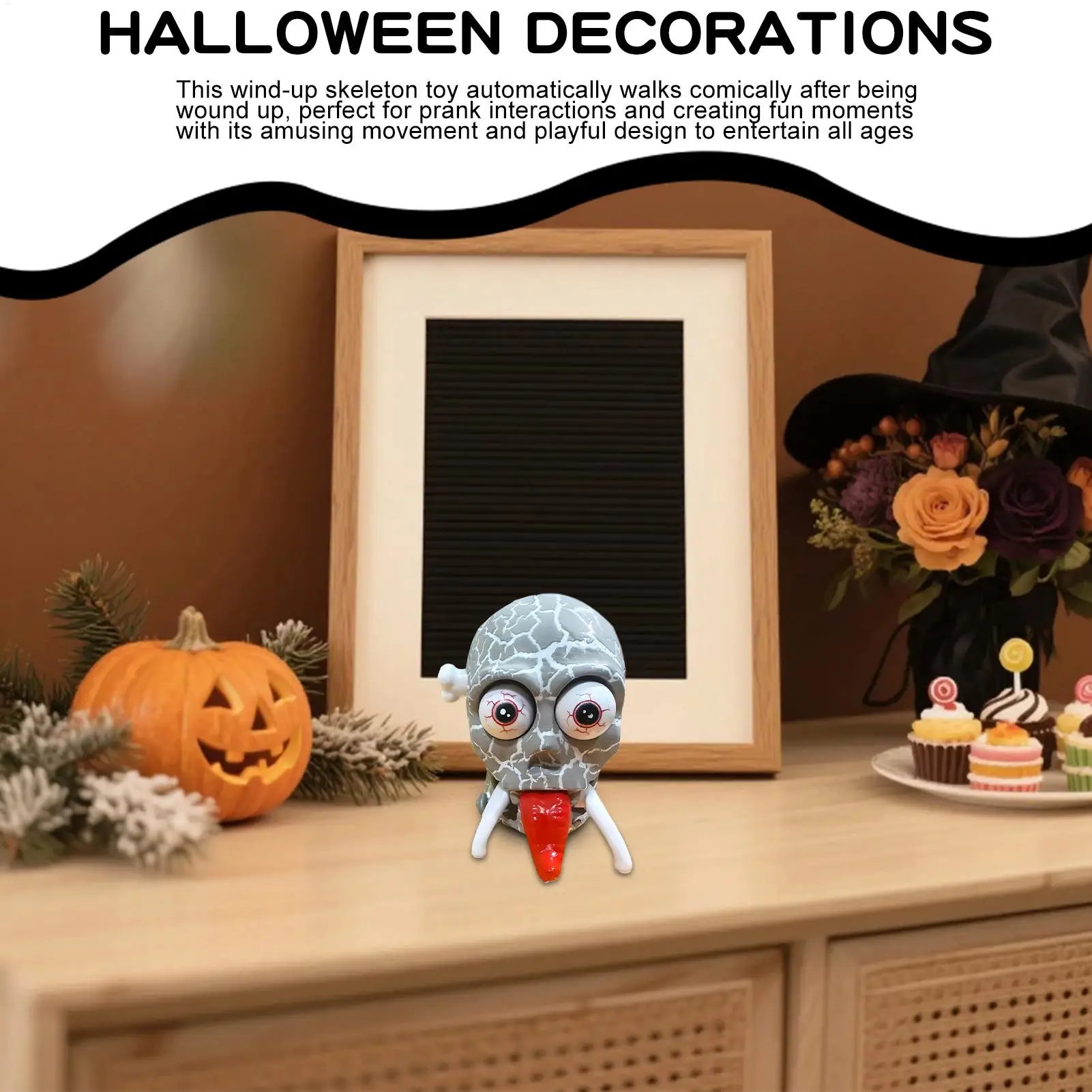 Skull Decor Funny Halloween Wind Up Tongue Out Prank Toys Small Scary Head Desk Ornaments For Home Office Bedroom Entryway Table