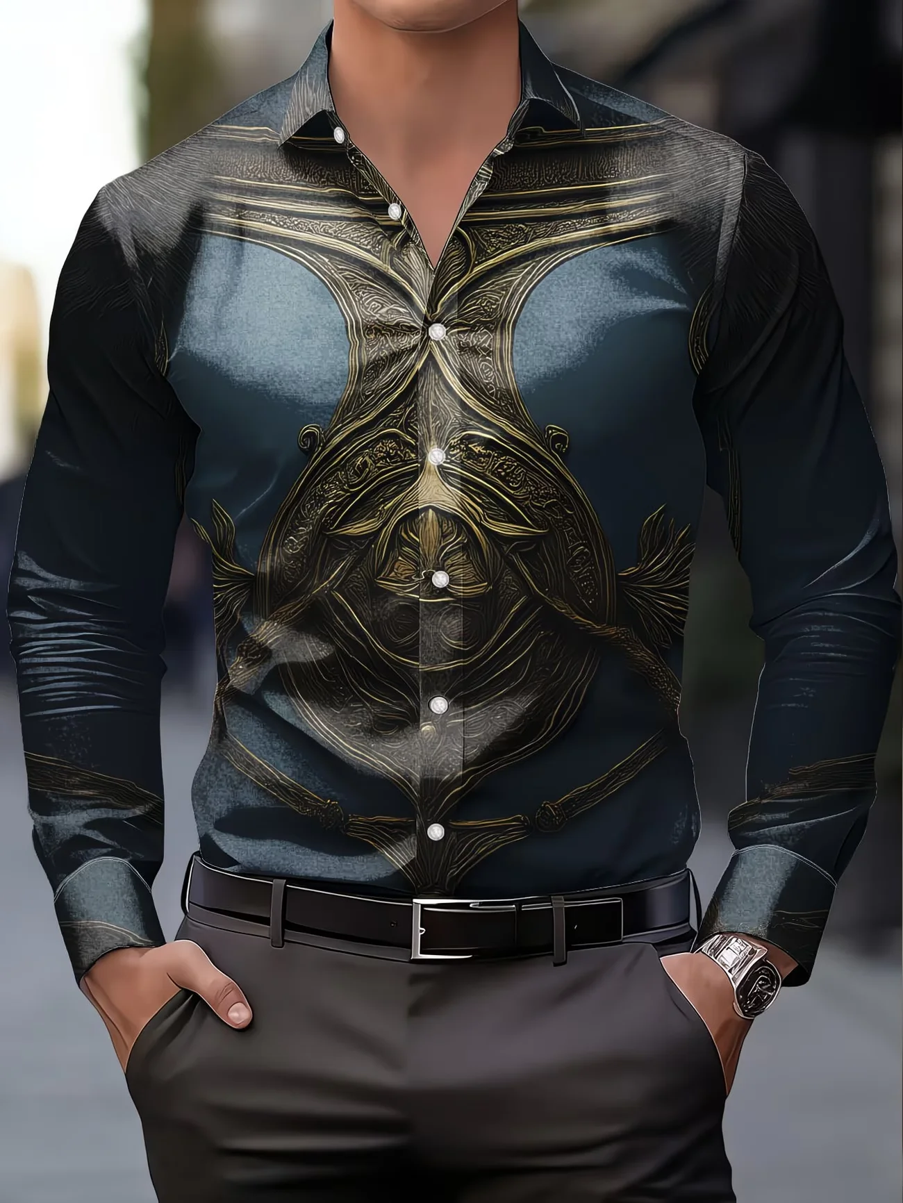 New Flame Gradient Fluid Art Printed Men's Long Sleeved Shirt  Personalized Slim Fit Casual Flower Shirt