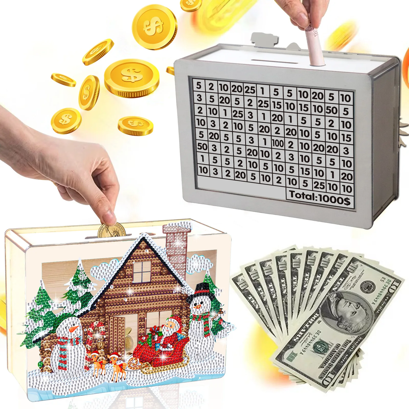 Christmas Diamond Painting Money Saving Box - Reusable Piggy Bank with Coin Tray, Handmade Holiday Coin Storage Organizer