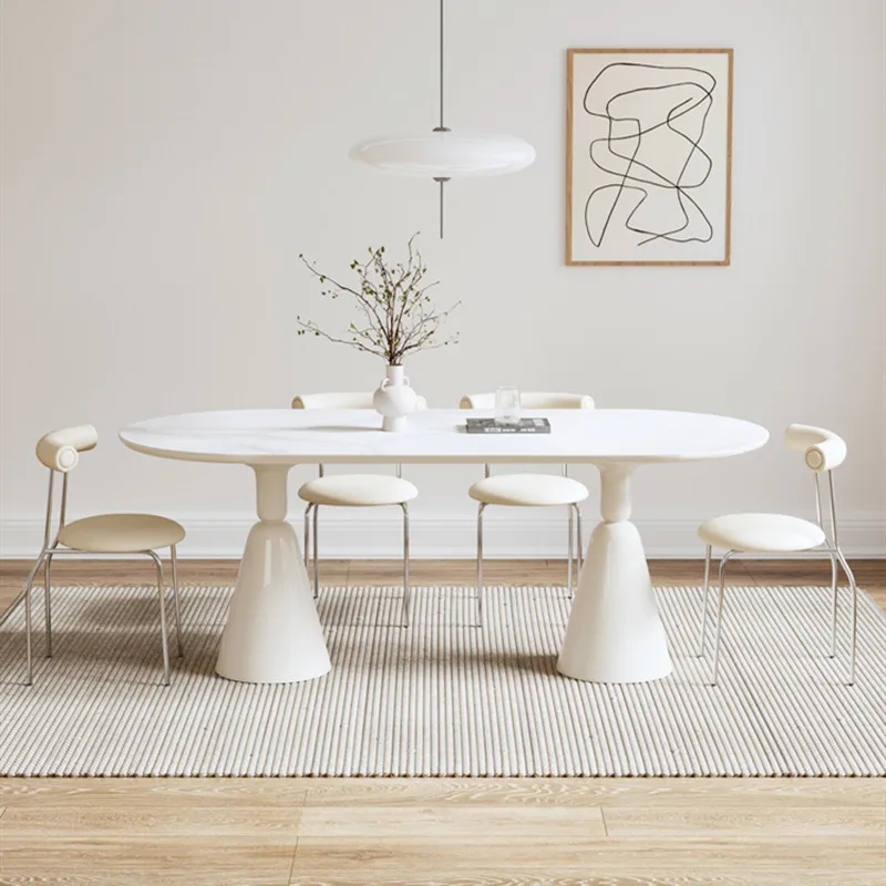 Cream style oval creative dining table and chairs designer size apartment household dining table Nordic white rock slab dining t