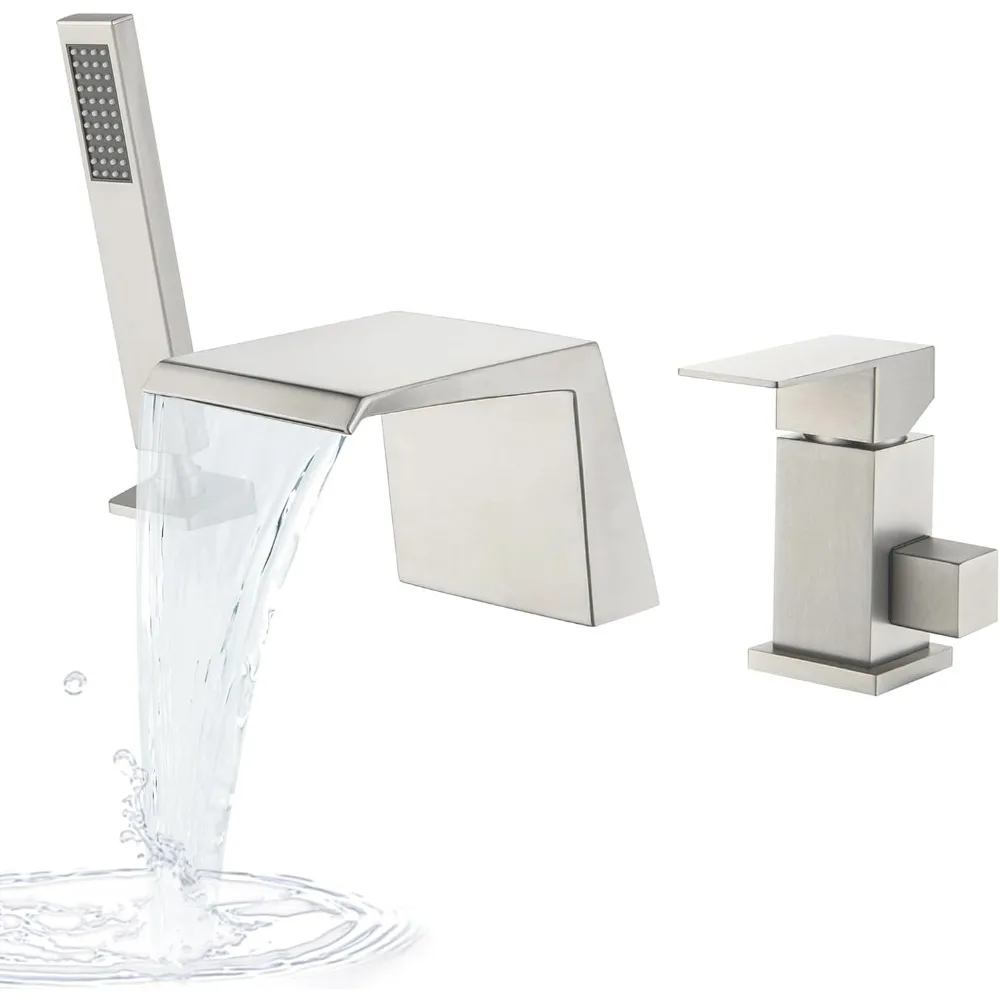 

Roman Tub Faucet with Sprayer, Deck-Mounted Bathtub Faucet with Hand Shower, 3-Hole Waterfall Faucet with Hand Shower Bath Fixtu
