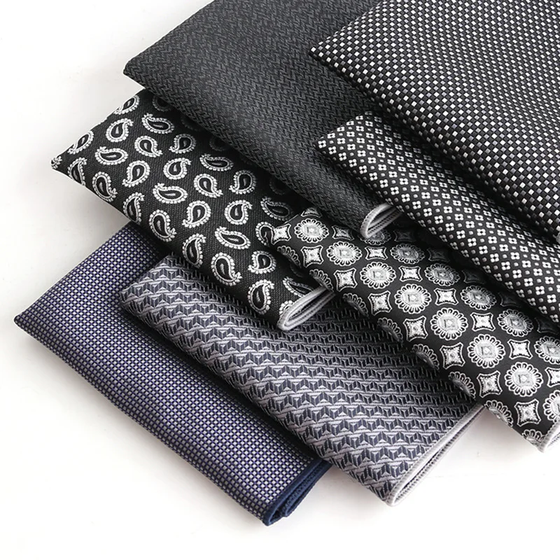 Fashion Silk Hankerchief Men\'s Pocket Square Scarves Vintage Hanky Handkerchiefs Striped Solid Black Grey 25cm Handmade Handker