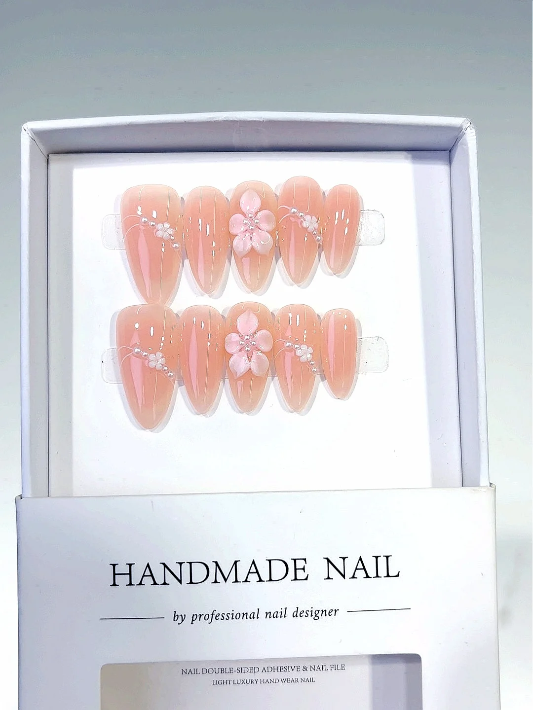 Perzikroze 3D bloem parel strass amandel pers op nagels, handgemaakte kunstnagels set voor vrouwen (C443)