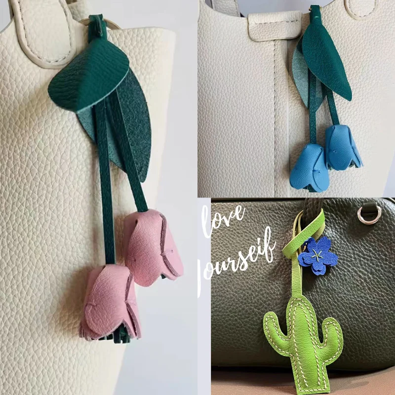 

Genuine Leather Tulip Bag Pendant Handmade Cowhide Cute Pendant Gift Amazing Cactus Design Bag Pendant Red Blue Flower Keychain