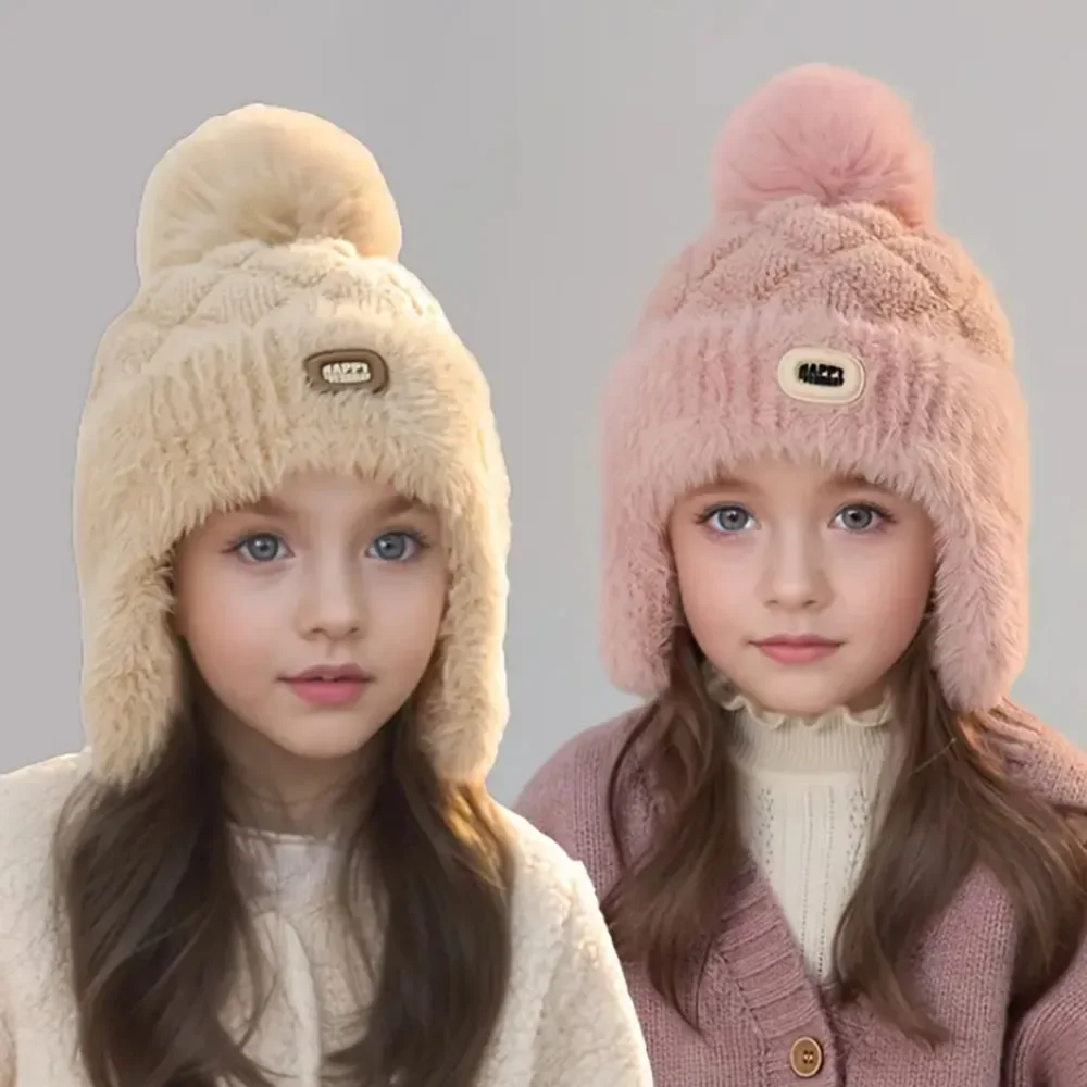 

Kids Winter Hat with Ear Flaps Hat with Furry Pom-Pom & Plush Lining - Soft Warm Beanie for Boys & Girls for & 4-10 Y