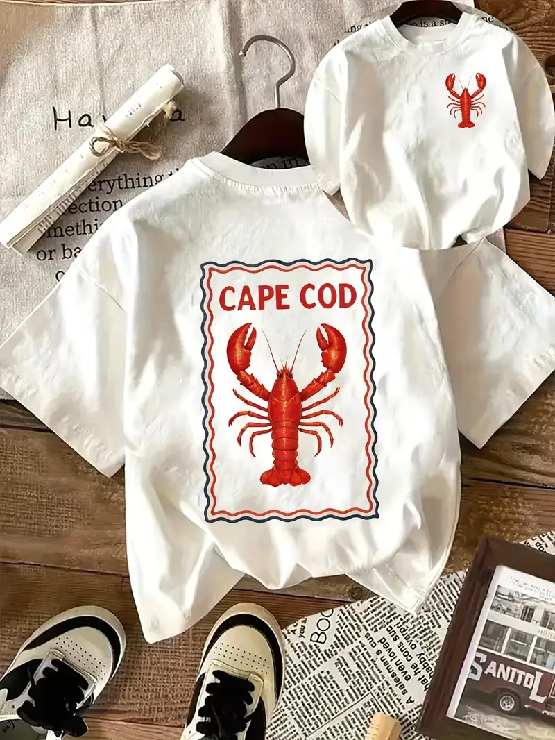 Women's T-shirt Retro Lobster Graphic T-Shirt, Cute Seafood Print Front & Back Casual Crew Neck Top, Summer & Daily Travel Wear