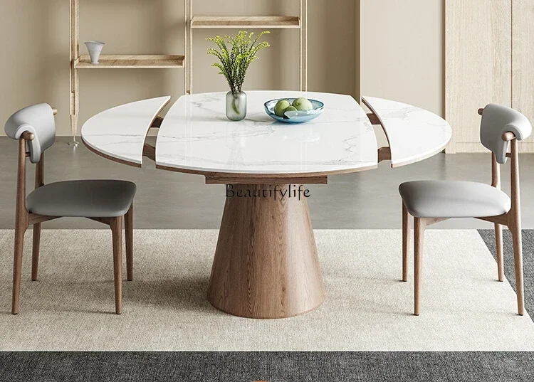 

lRetractable solid wood rock slab round dining table square and round dual-purpose foldable multi-function