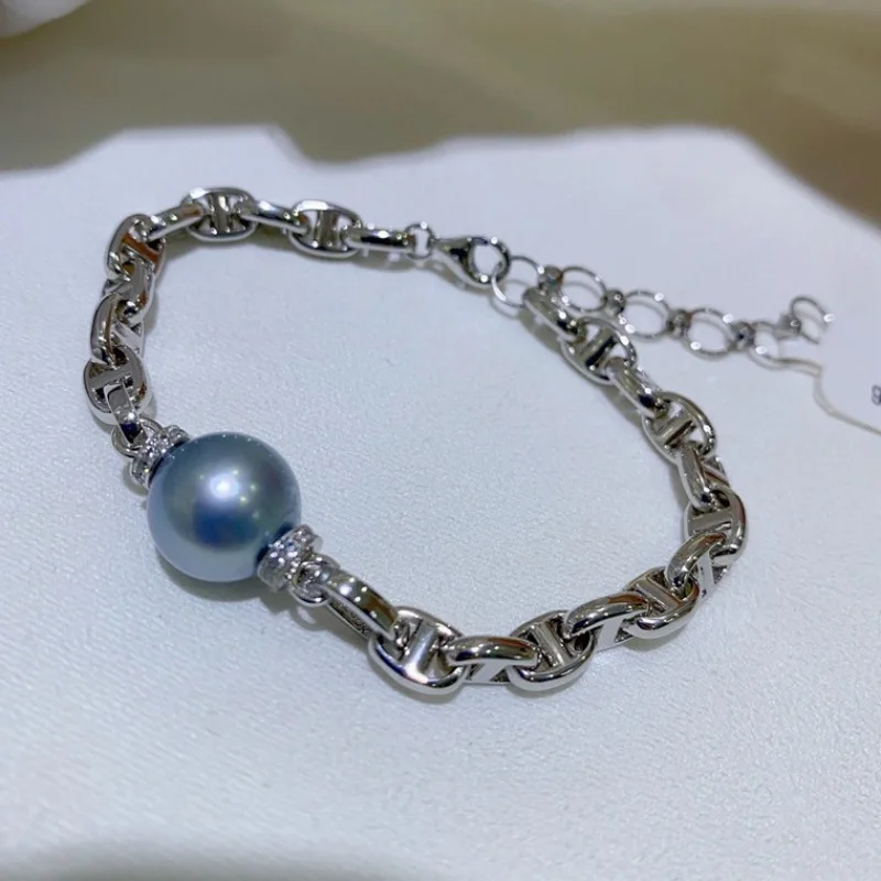 

SGARIT Man Bracelets 925 Sterling Silver Natural Tahitian Black Pearl Bracelet for Women Real Pearl Silver Horseshoe Clasp ST03