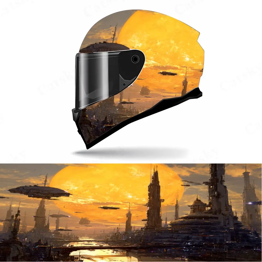 

Futuristic cityscape at sunset Full Face Helmet Decal - Durable and Waterproof PVC, Self-Adhesive Racing Helmet Aesthetic Sticke