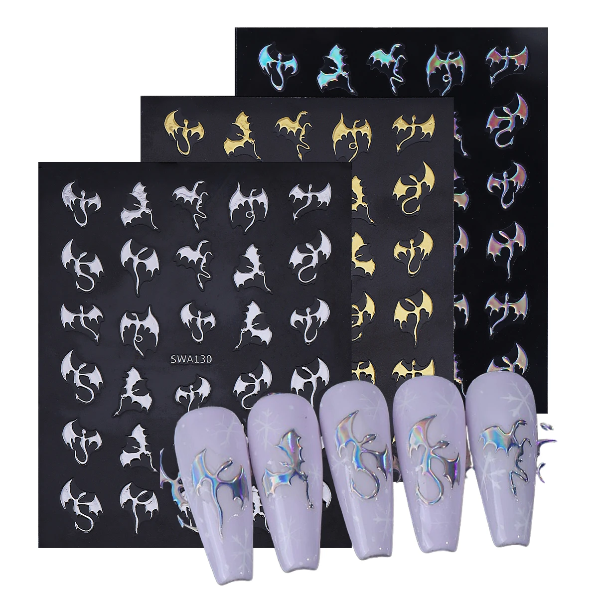 Autocollants pour ongles Dragon métallique, 3 pièces, Design diable volant bronzant, Laser argent or, thème Halloween, feuilles de manucure à breloques, DIY bricolage