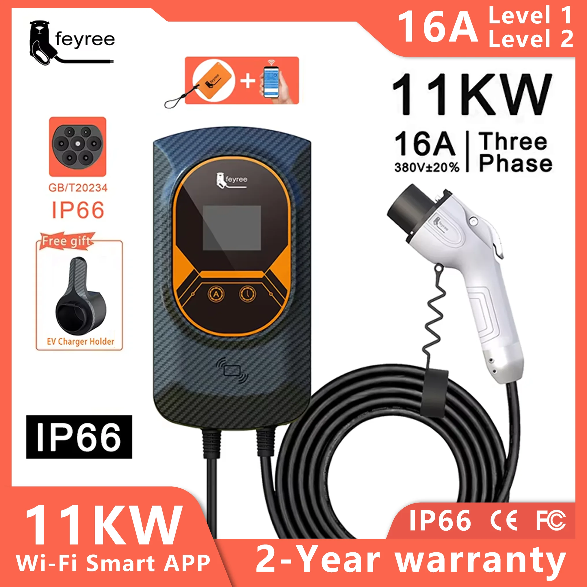 feyree EV Charger GB/T Cord 16A 32A EVSE Wallbox 7KW 11KW 22KW APP Control RFID Card Control 5m Cable for Electric Vehicle Car