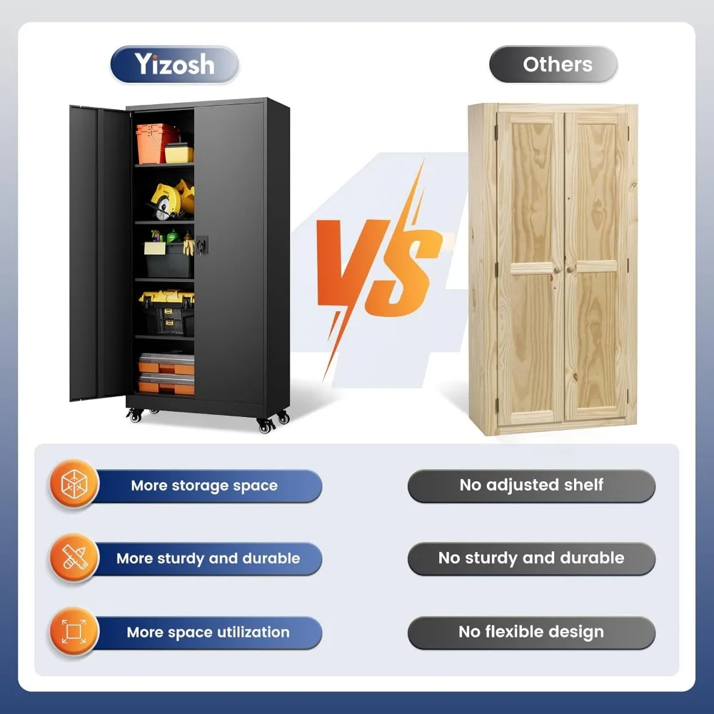 Adjustable-shelf Steel Storage Cabinet with Locking Doors, 75 Rolling Tool Cabinet for Home/Office Use
