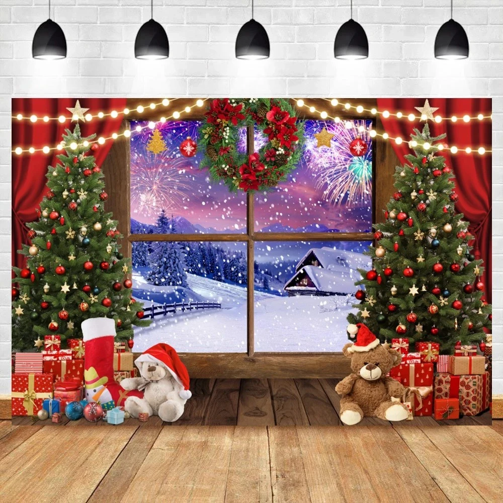 

Merry Christmas Party Decor Backdrops Wooden Board Pine Window Sill Santa Claus Child Doll Snow Photography Background Photocall