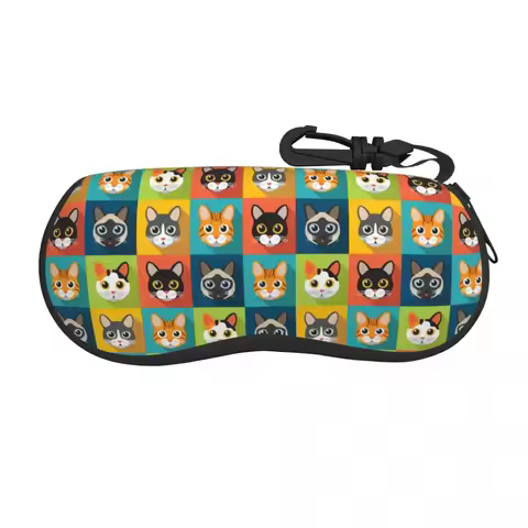 Funny Cute Cats Heads Pattern Sunglasses Soft Case Neoprene Zipper Shell Eyeglass Case Protective Box For Glasses
