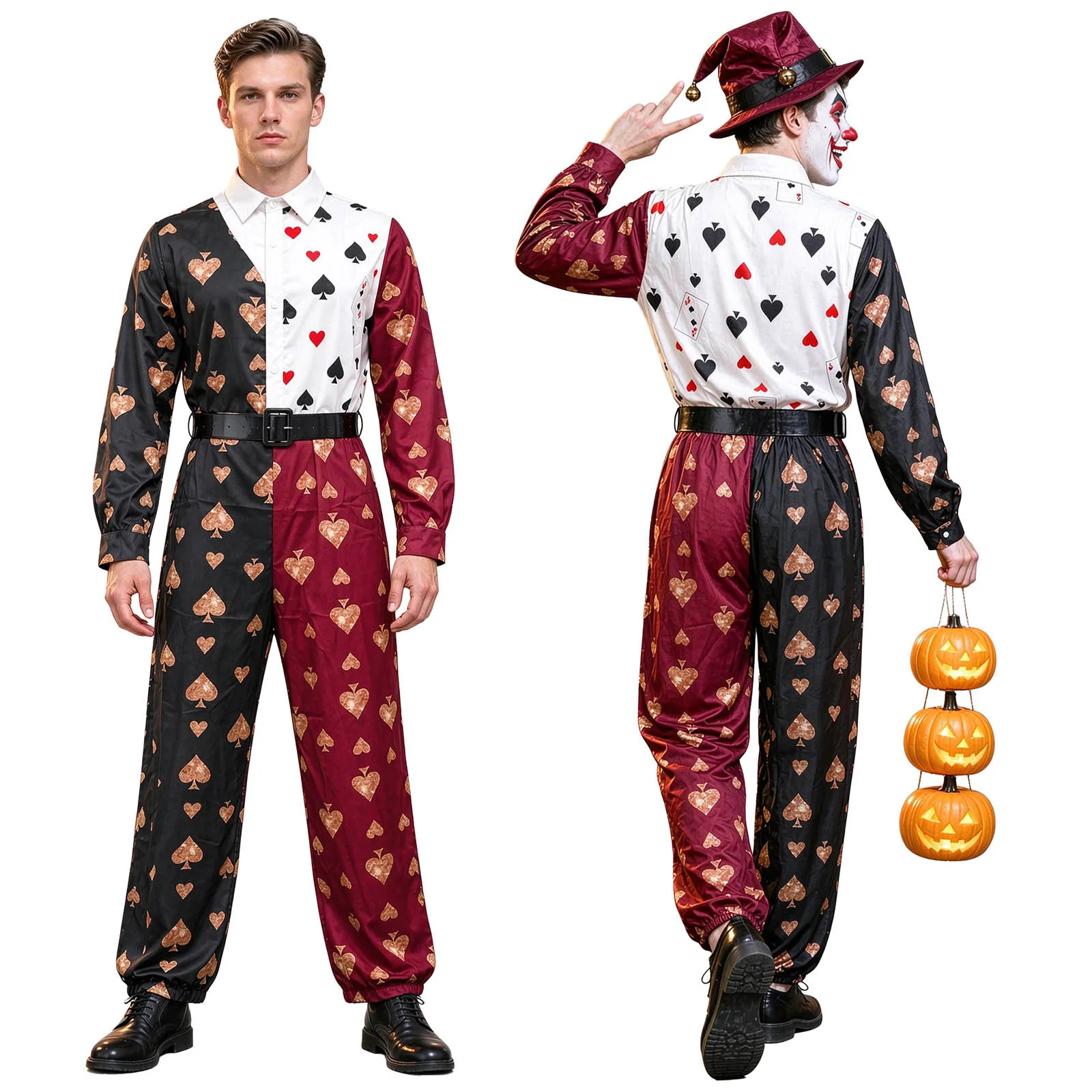 Mono de payaso estampado de manga larga para hombre y mujer, con cinturón, ideal para Halloween, carnavales, fiestas de disfraces, fiestas temáticas, circo, cosplay de Joker.