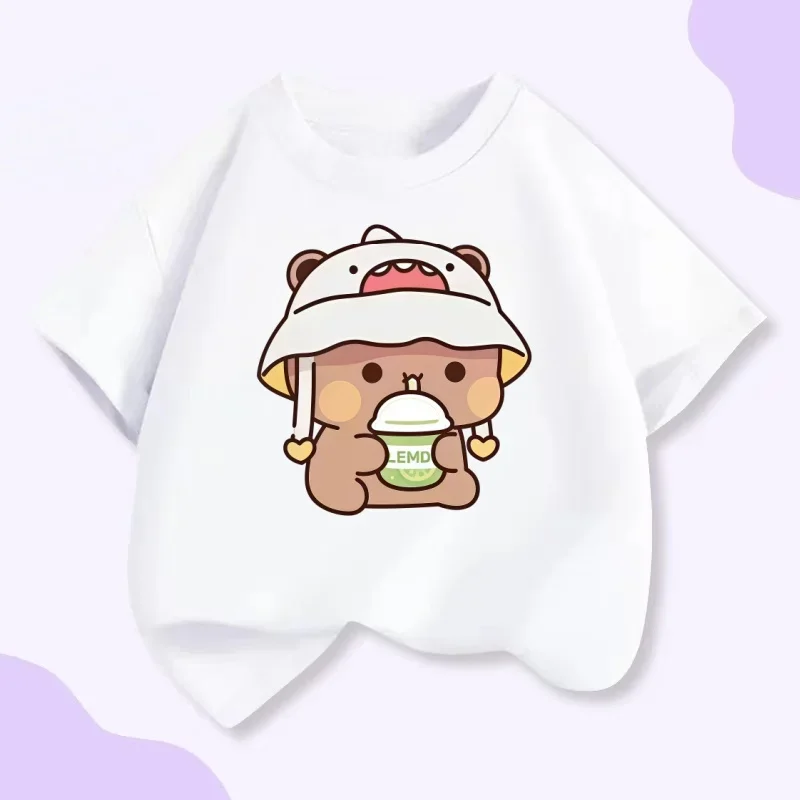 رائعتين الدب شرب الليمون الشاي الاطفال قصيرة الأكمام تي شيرت الصيف القطن الخالص للجنسين الكرتون طباعة الأعلى #1