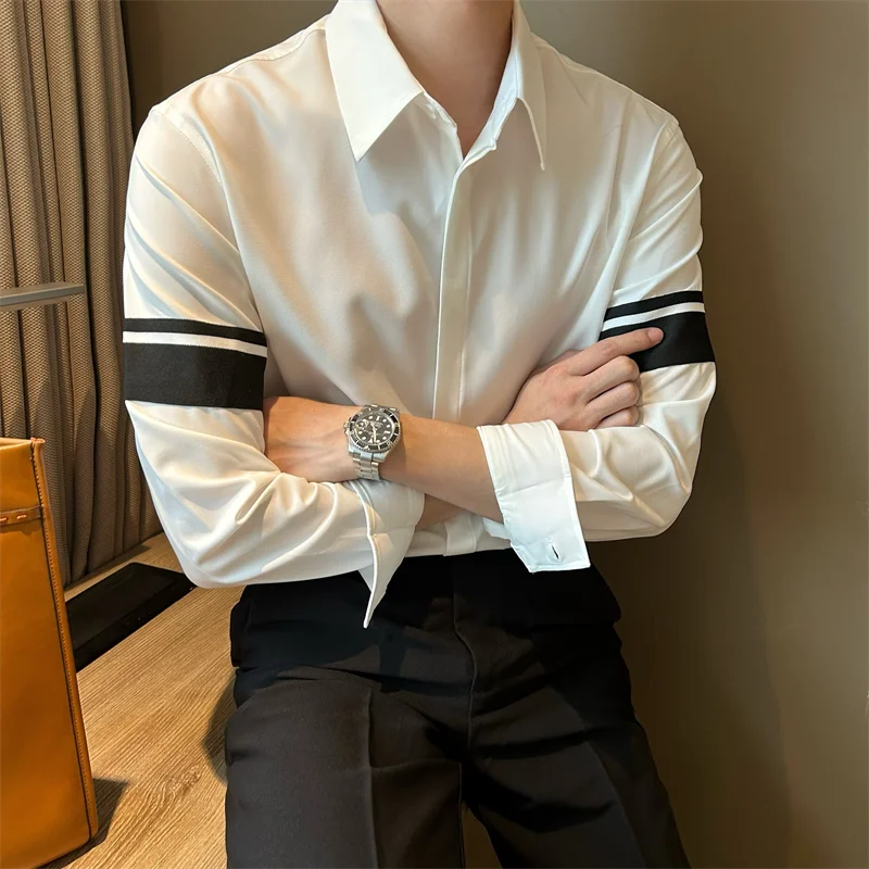 Design Loose and Trendy Korean Style Shirt with Long Sleeves and Patchwork Cuffs Handsome Men's White Shirt