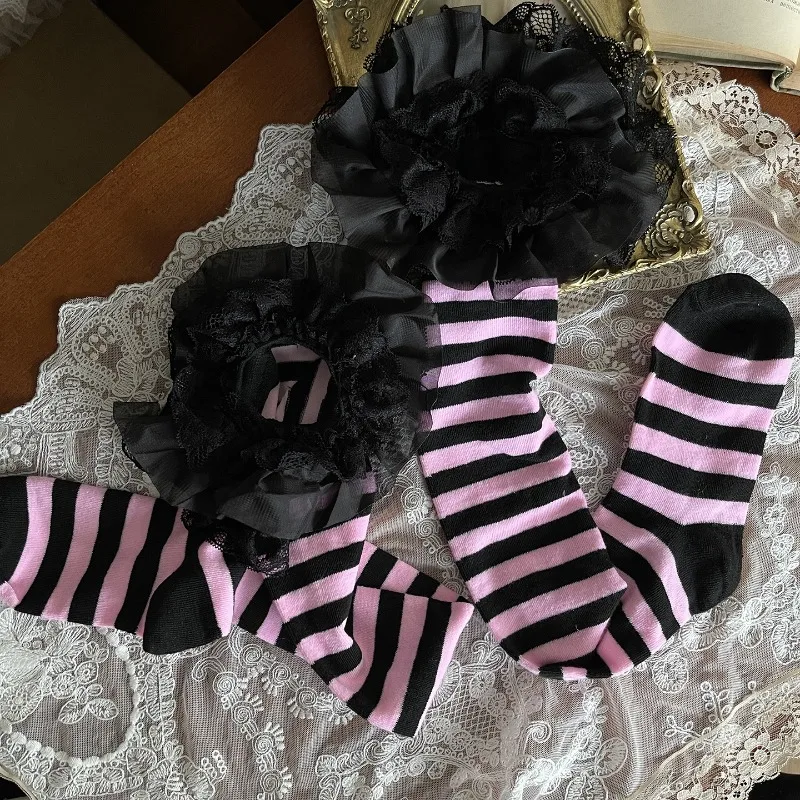 New Gothic Dark Pink And Black Striped Lace Trim Tights Girl's Mid-Calf Over-the-Knee Thigh-High Socks For Women's Y2k Stockings