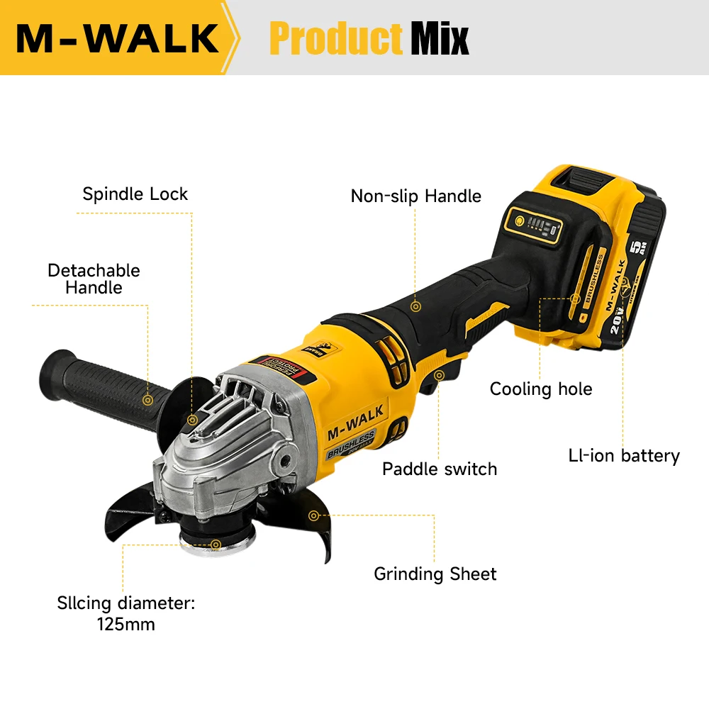 M-WALK 100/125 مللي متر 9000 دورة في الدقيقة فرش اللاسلكي طاحونة زاوية كهربائية آلة تلميع النجارة أدوات كهربائية لدبوس بطارية ديوالت 20 فولت