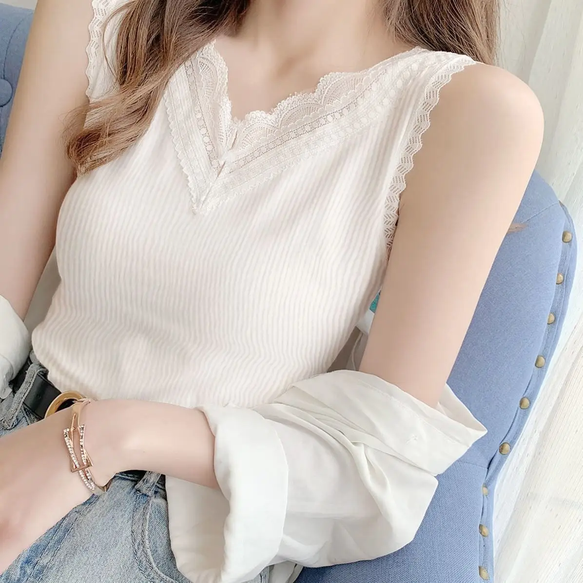 

Lace Trimmed Vest Women's Sleeveless Suspender Outerwear Slim Fit Matching Two Piece Set Optional Inner Wear
