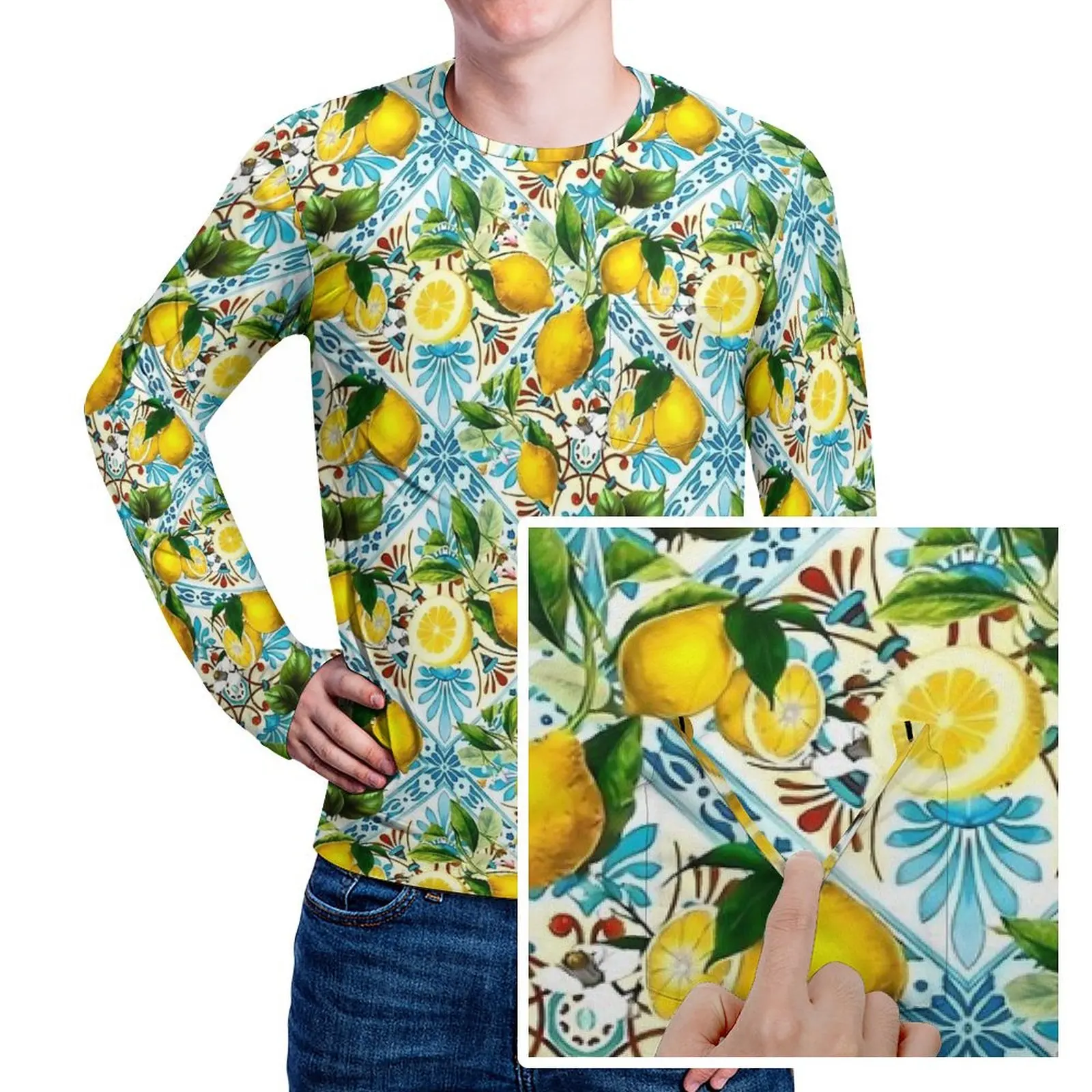 Retro Mosaic Lemon T-Shirt With Pocket Sicilian Tiles Trending T Shirts Men Essential Tee Shirt Long Sleeve Pattern Tees