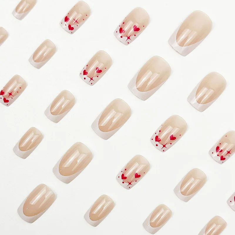 الأبيض الفرنسية الأظافر وهمية عارية اللون قصيرة مربع الصحافة على مسمار الأحمر الحب القلب/نجمة/نقطة مطبوعة النساء عيد الحب DIY بها بنفسك مانيكير