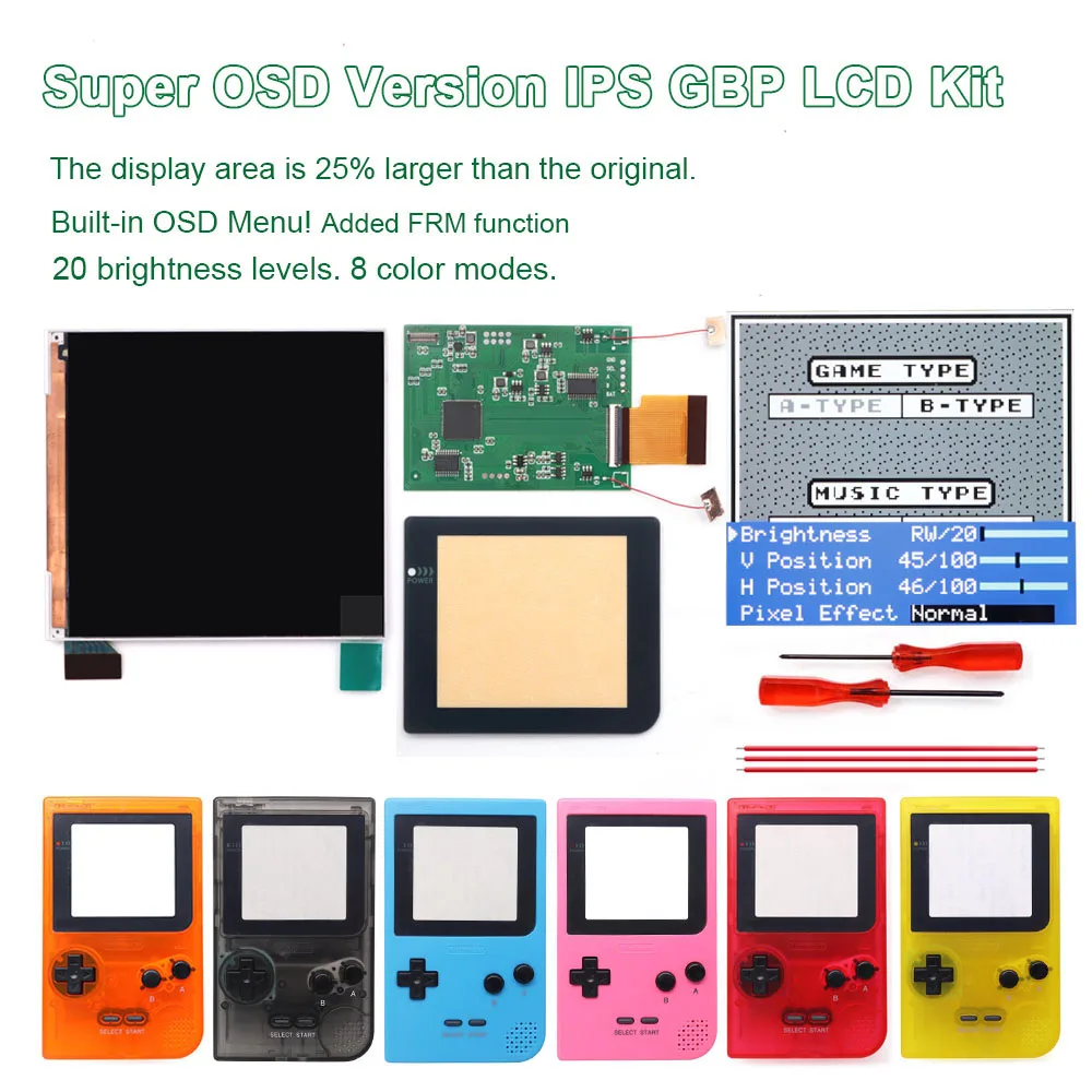 HISPEEDIDO GBP Q5 IPS Larger Screen  LCD Display Build in OSD for Gameboy Pocket 8 Color Retro Pixel Screen Mod Kits with Shell