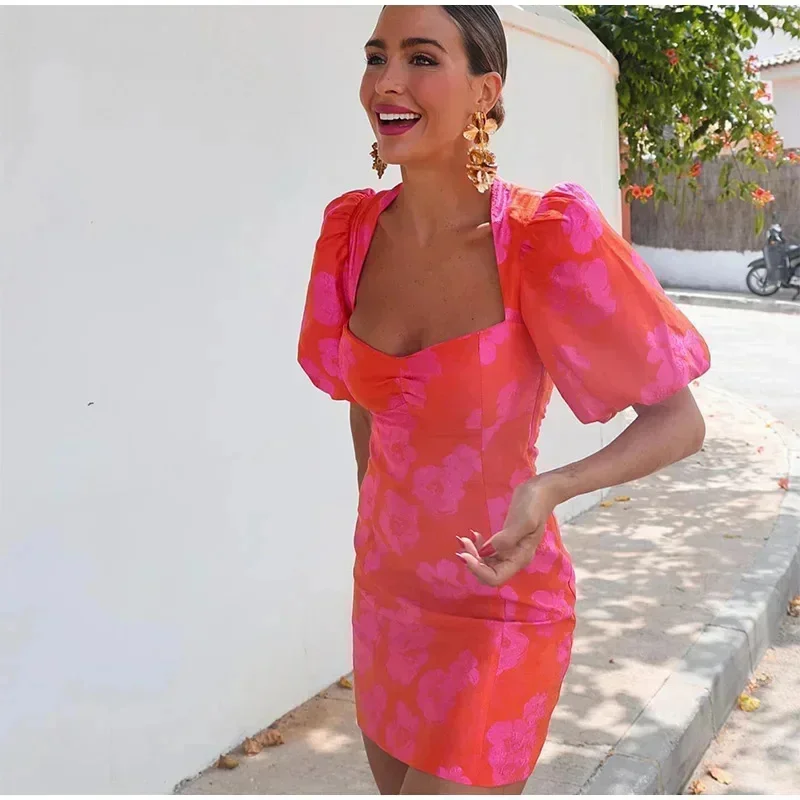 Summer One-piece  Printing  Women\'s  Dress Sexy Square Neck Puff Sleeve Back Bow Dresses 2024 Fashion Lady Party Chic Vestidos