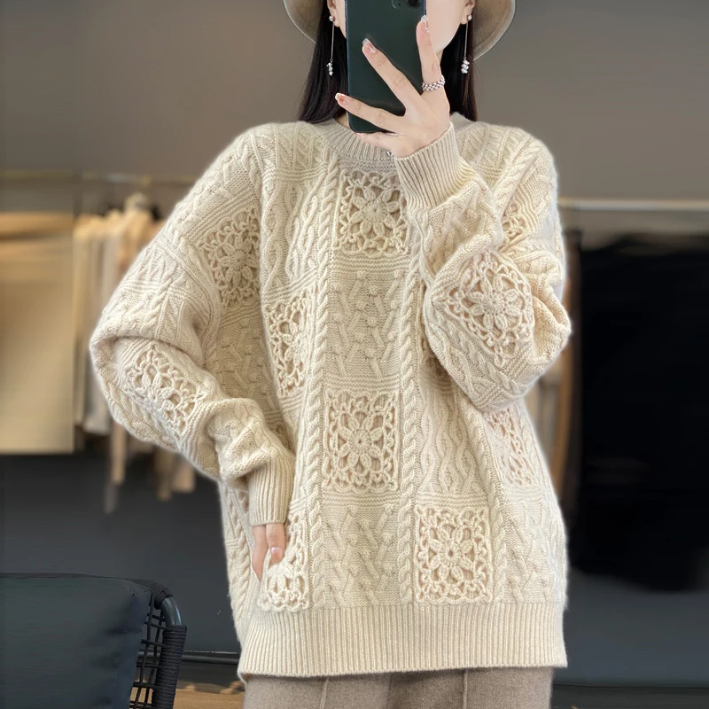 100% pure wool sweater women's round neck hook openwork knitted sweater loose lazy trend heavy wool bottoming shirt