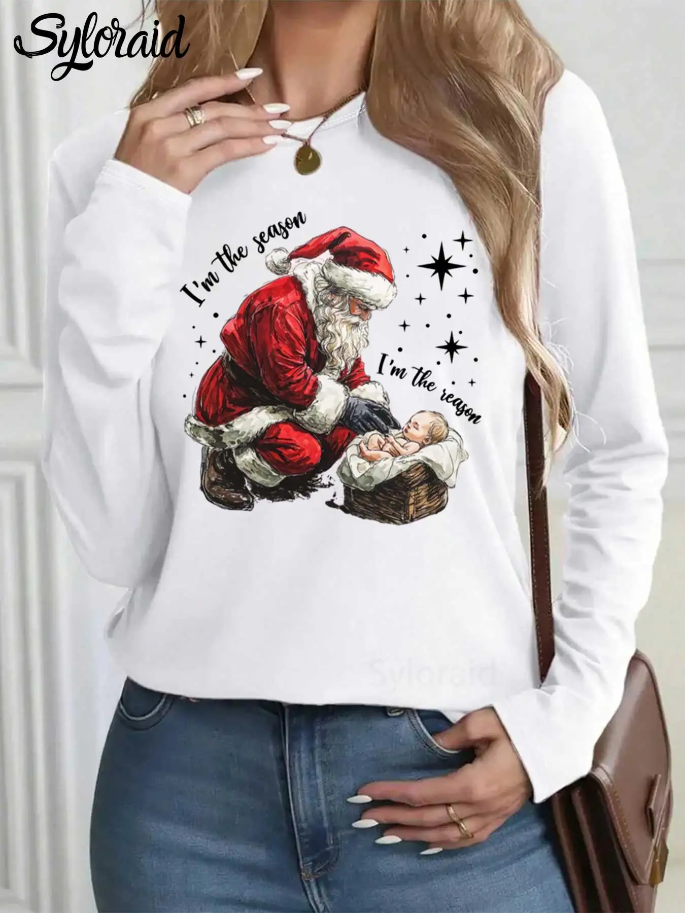 

Women's Long Sleeve T Shirt "I'm The Season" Jesus Christmas Print T Shirt Fashion Round Neck Casual Top