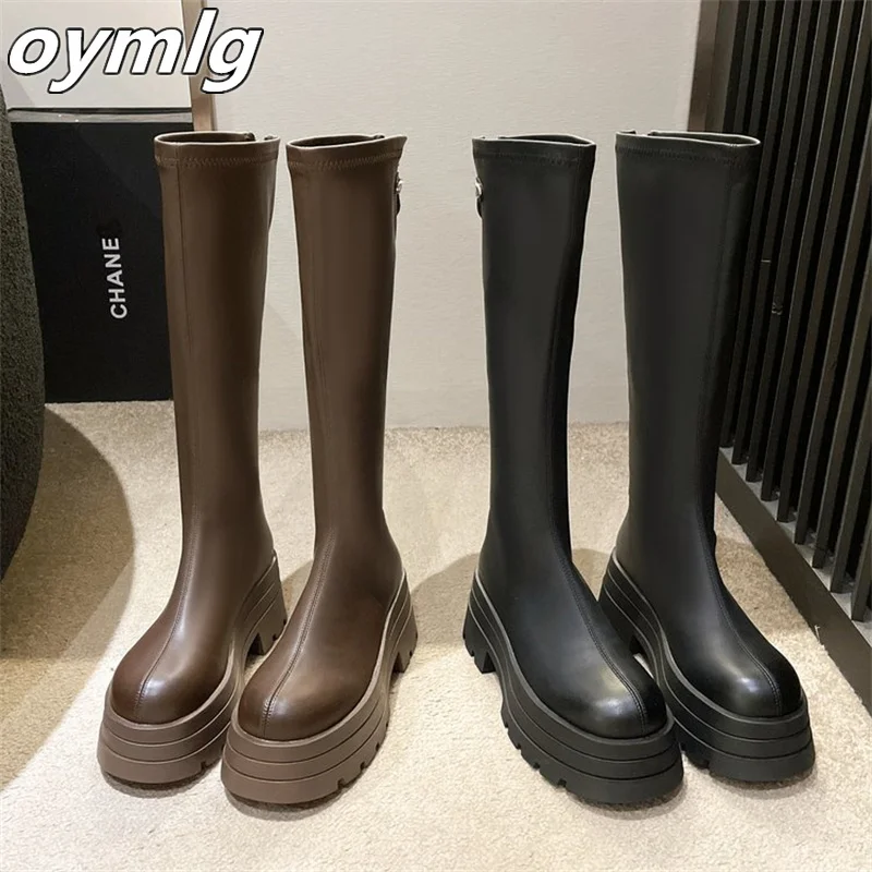 High Boot Women\'s 2023 Autumn/Winter New Fashion Round Head Thick Sole Knight Boot Back Zipper Slim Long Boot Women