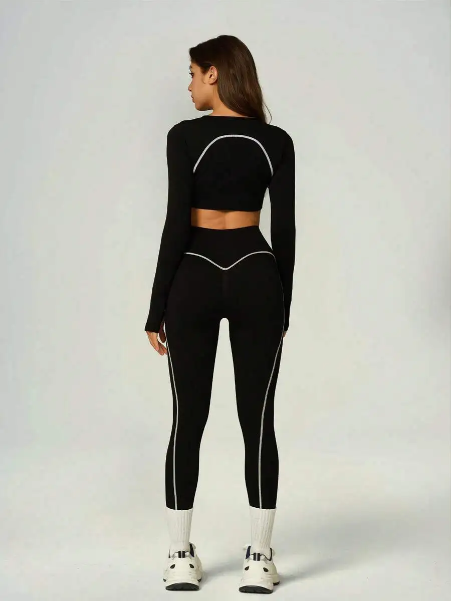 

Seamless Women 2 Piece Sport Set Long Sleeve Cropped Top High Waist Leggings Contrast Stitching Yoga Fitness