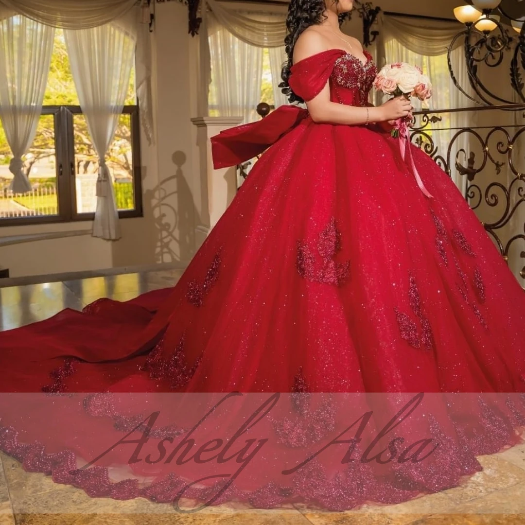 Elegant Wine Red Women Party Occasion Dresses Off Shoulder Crysatl Ball Gown Bow Sweep Train Vestido De xv Quinceanera Dress 15