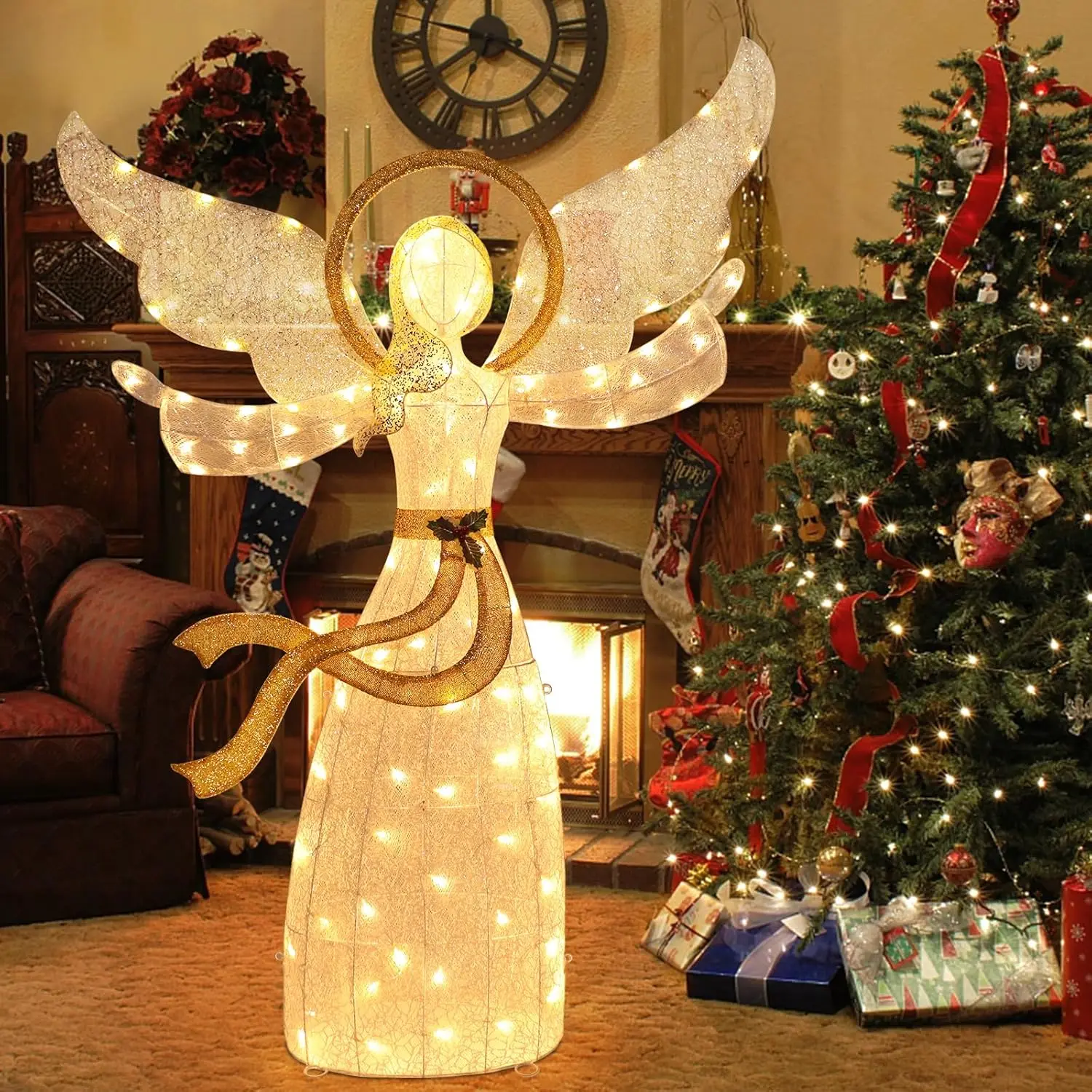 Ángel de Navidad iluminado de 6 pies Ángel brillante 3D preiluminado al aire libre con 90 LED adorno de pie iluminado Navidad interior al aire libre