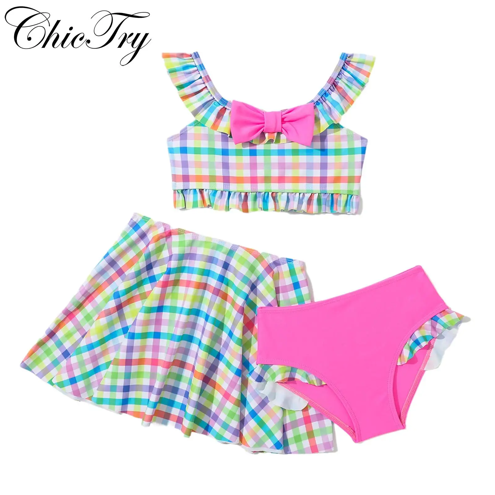 

Kids Girls 3 Pieces Swimsuit Swim Set Tankini Swimwear Outfits Crop Top with Coverup Beach Skirt Colorful Beachwear Bathing Suit