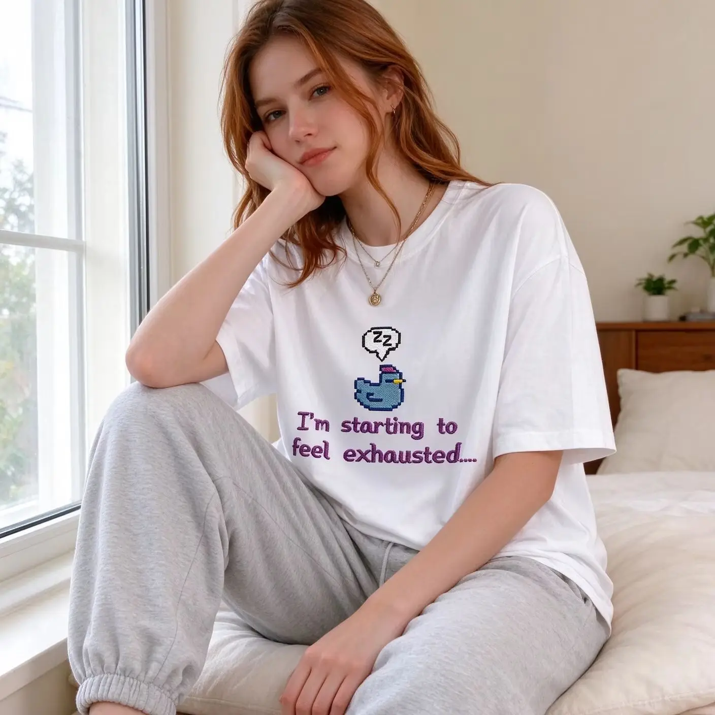 Women I'm Starting To Feel Exhausted T‑Shirt Pixel Sleepy Bird Embroidery‑Effect Print Short Sleeve Casual Cotton Tee Funny  top