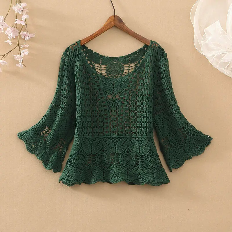 Lady Spring Summer Fashion New Loose Five-point Sleeve Short Round Neck Solid Color Plaid Casual Female Hollow Out Lace Top