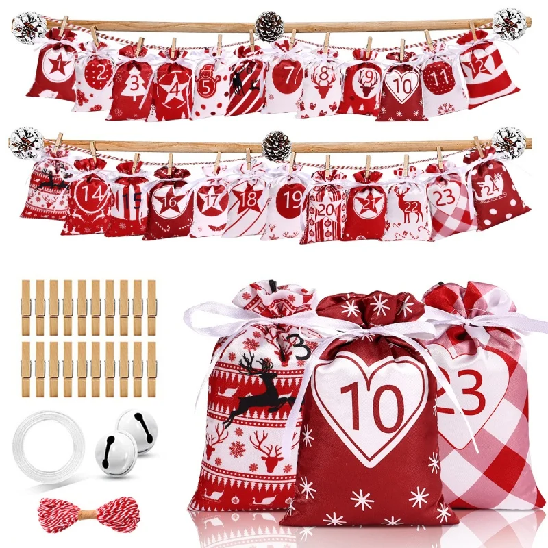 

New 24Pcs Christmas Advent Calendar Bags 10x15cm Burlap Drawstring Gift Bags DIY Countdown Set with Rope for Xmas Tree Decor