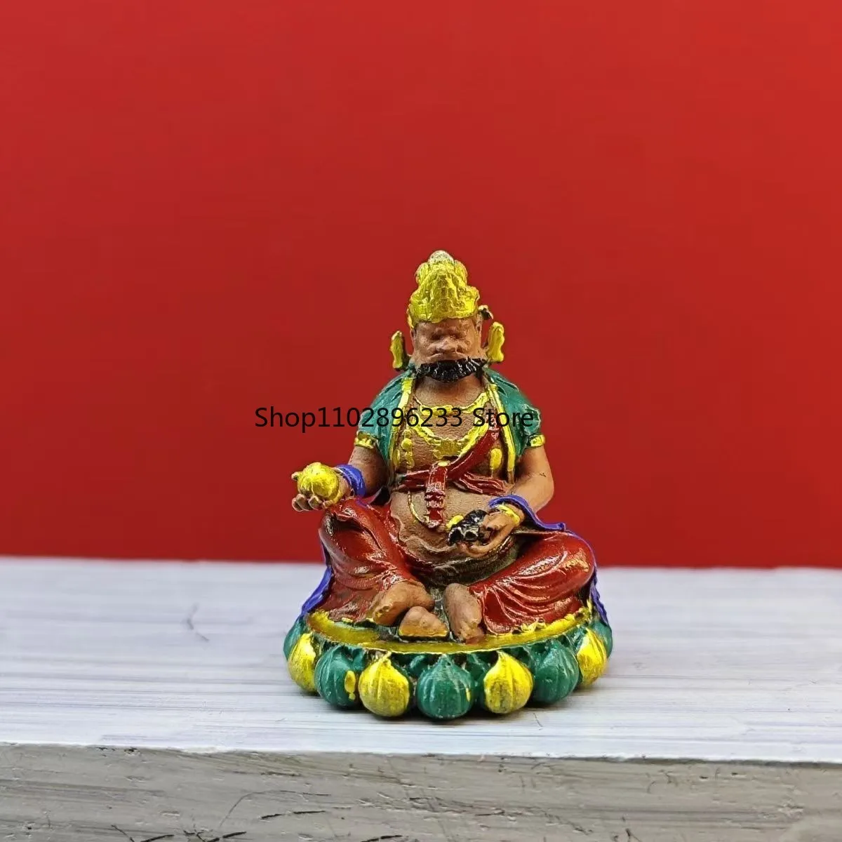 Mini Painted Brass Yellow Jambhala Statue Tibetan Wealth God Lotus Figurine
