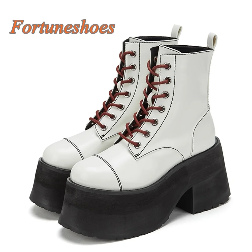 

Sewing Platform Cross Tied Mid Calf Boots White Front Strap Round Chunky High Heel Boots Casual Fashion 2025 Newest Autumn Boots