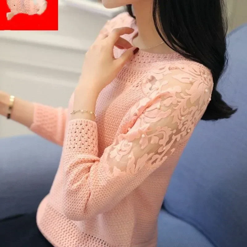

Women's Pullover Round Neck Hollow Knitted Lace Mesh Beaded Sweater Loose Bottom Fashion Long Sleeve Tops