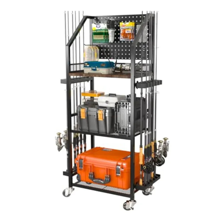 

Fishing Rod Holders for Garage, Fishing Pole Holders Up to 12 Rods with Pegboard and Hooks, Rolling Fishing Cart with Wheels, F
